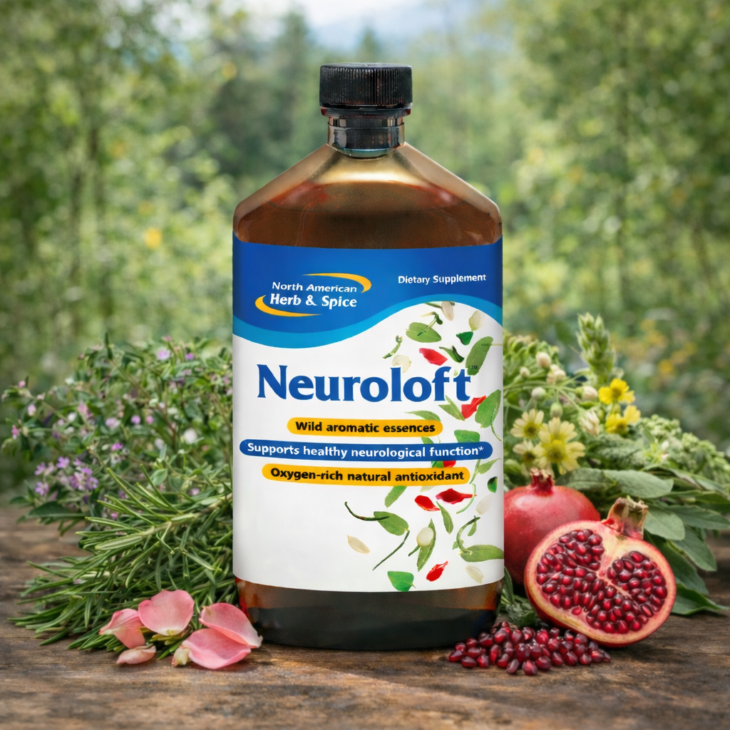 Neuroloft herbal essence bottle with fresh herbs and pomegranate on a rustic table outdoors
